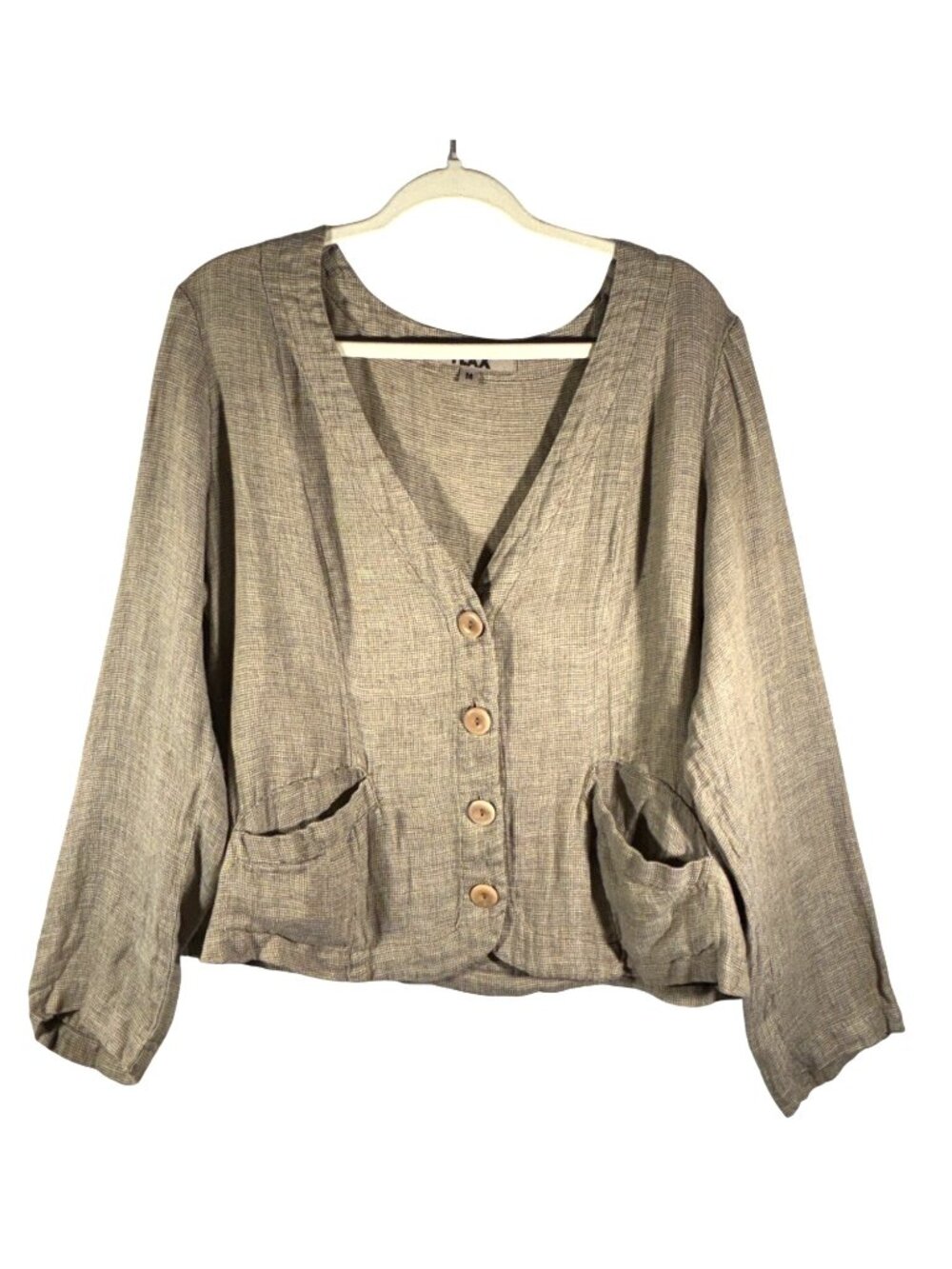 Flax size Medium Linen Button-Front Jacket Beige Lightweight Long Sleeve Pockets